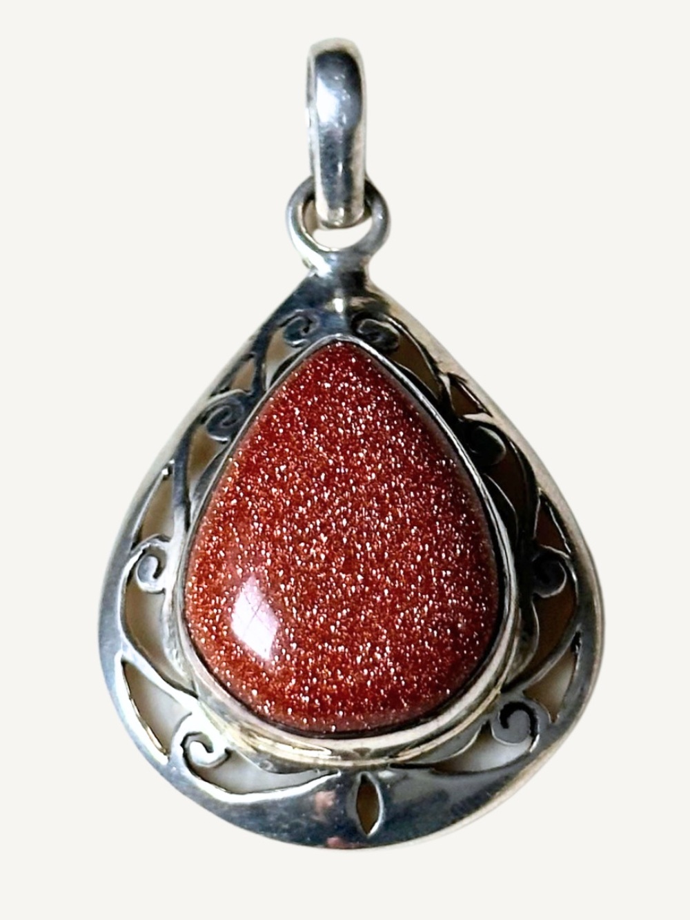 Sterling Silver Goldstone Teardrop Pendant 2 Inch Pierced Scroll Frame 925
